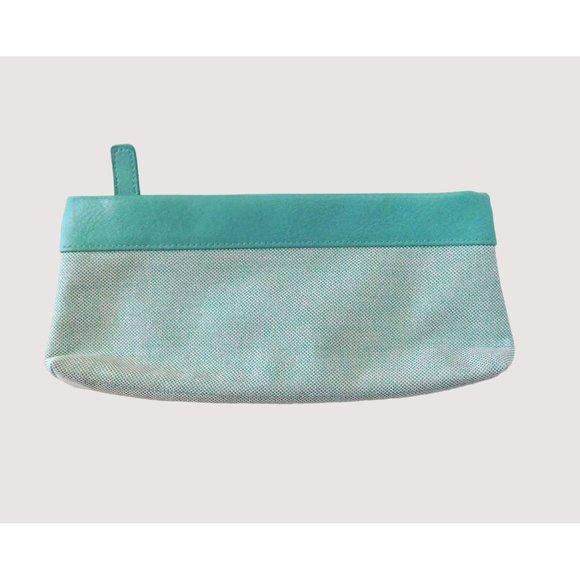 Estee Lauder Cosmetic Brush Bag Two Tone Green Faux Leather Zipper Closure - Picture 1 of 4